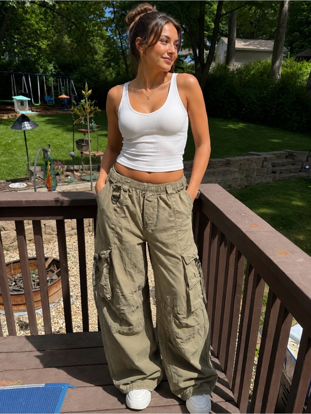 Bershka Multicargo Beige green Utility Pants Straight Leg Strap Women Size S